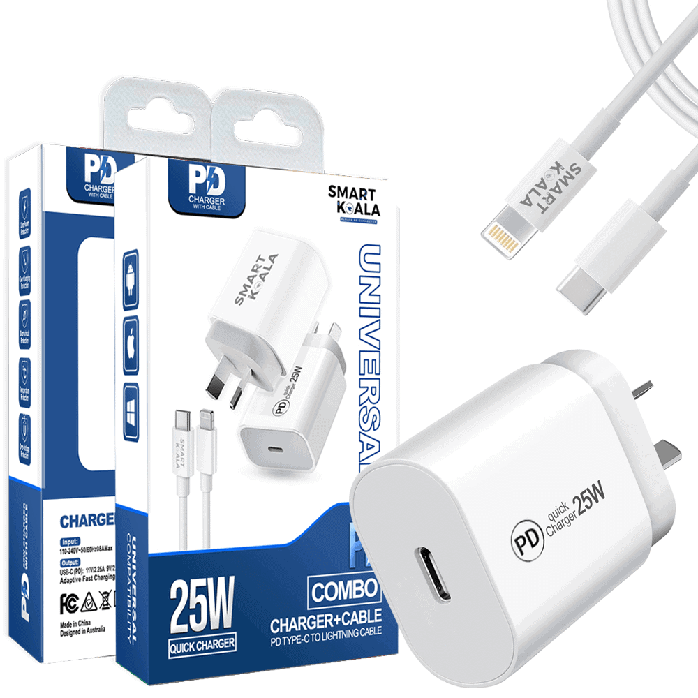 Smart Koala 25W Fast Charging Charger, SAA Certified USB C Wall Plug Adapter with 1M Lightning Cable Cord for Apple iPhone iPod iPad