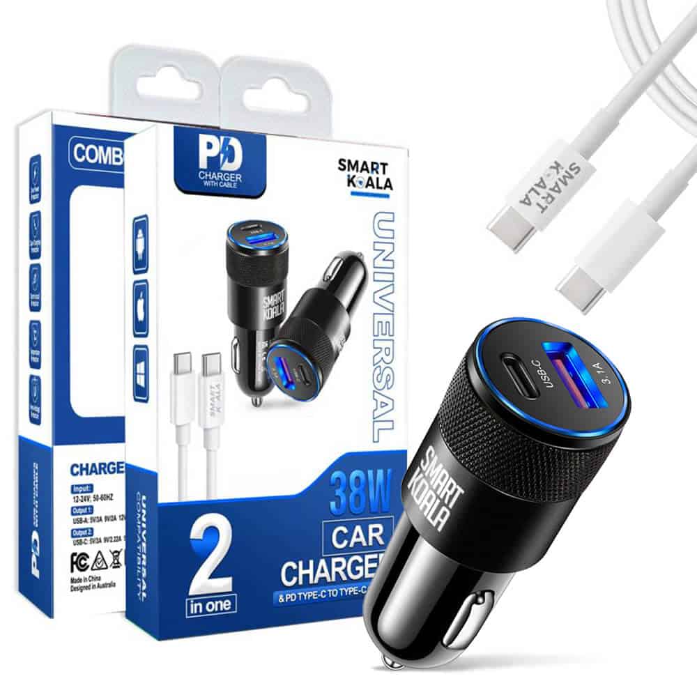 Smart Koala 38W 2 Ports PD Type C +3.1A USB Fast Charging Car Charger Socket Adapter + 1m PD Type USB C to Type C Cable Cord For Samsung, Google, Oppo