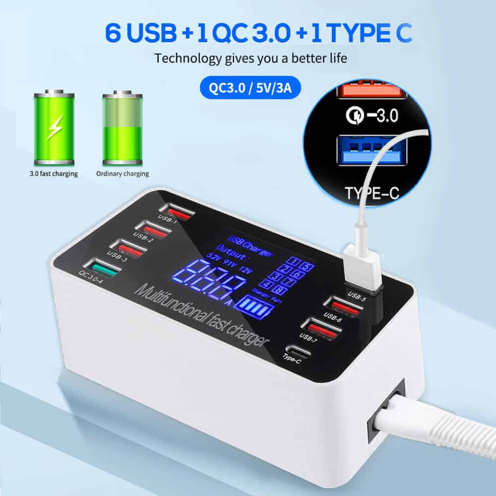 Multi Port USB Charger HUB 8 Port Fast Charging Quick Charge QC3.0 PD Charger LED Display Charging Station Mobile Phone Desktop Wall Home