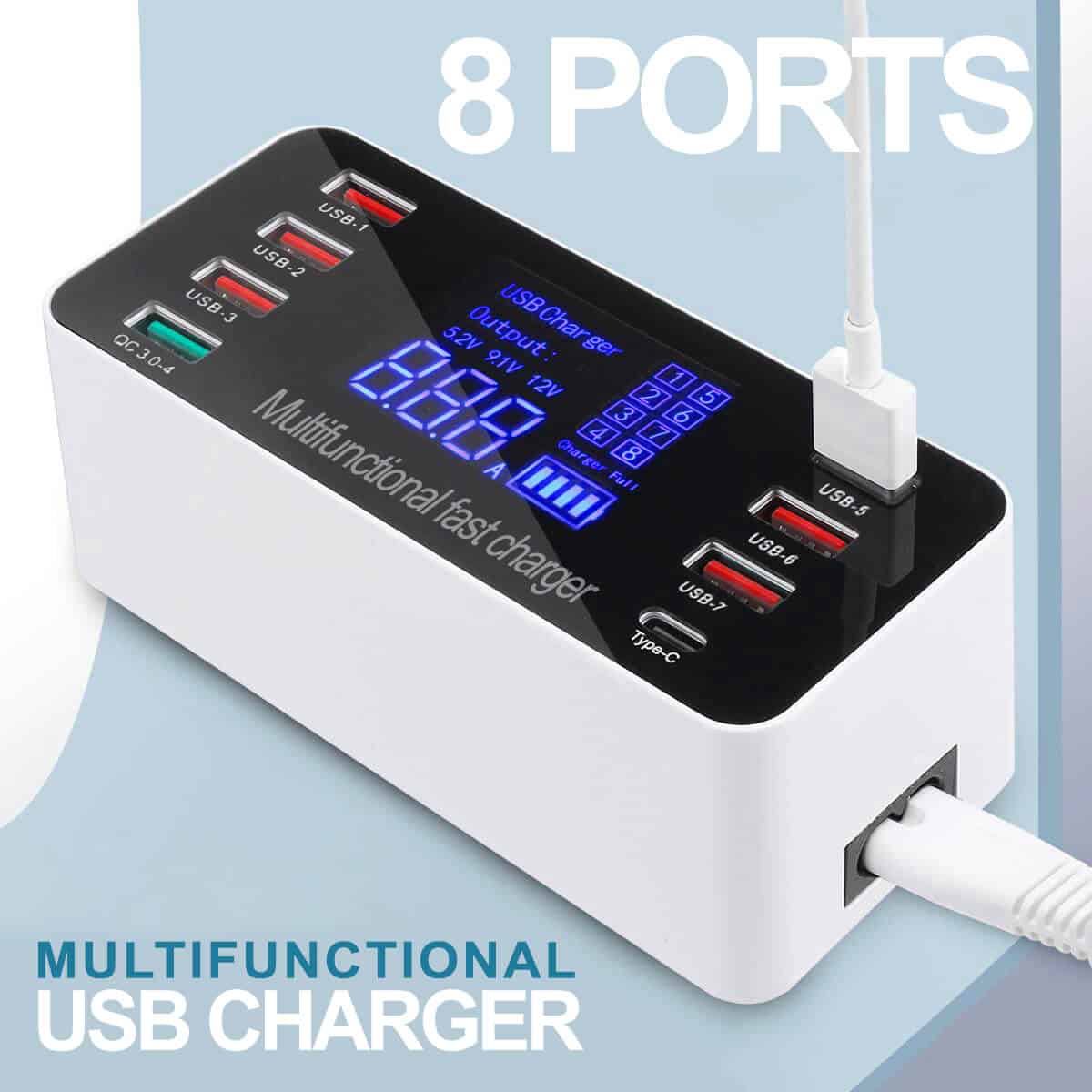 Multi Port USB Charger HUB 8 Port Fast Charging Quick Charge QC3.0 PD Charger LED Display Charging Station Mobile Phone Desktop Wall Home