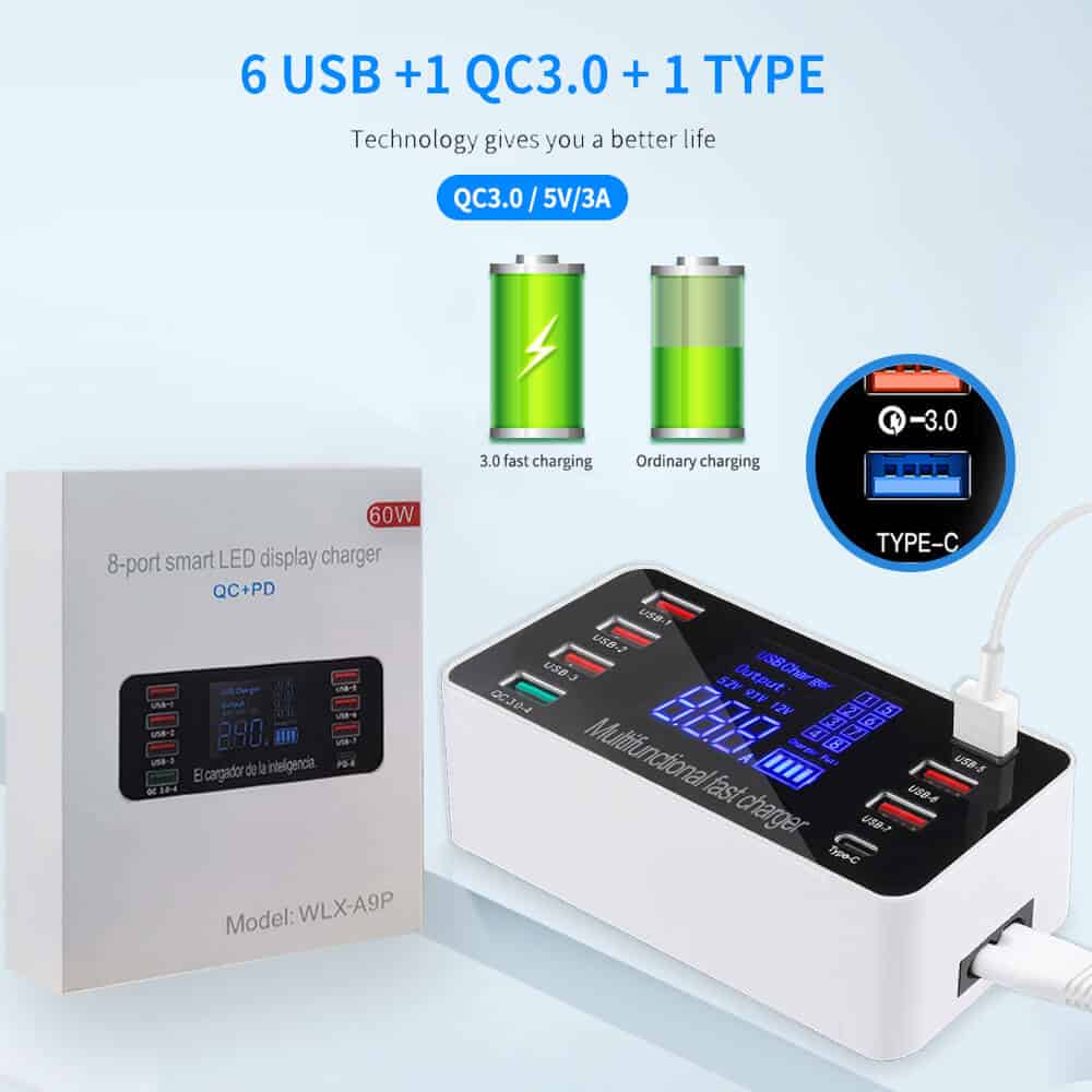 Multi Port USB Charger HUB 8 Port Fast Charging Quick Charge QC3.0 PD Charger LED Display Charging Station Mobile Phone Desktop Wall Home