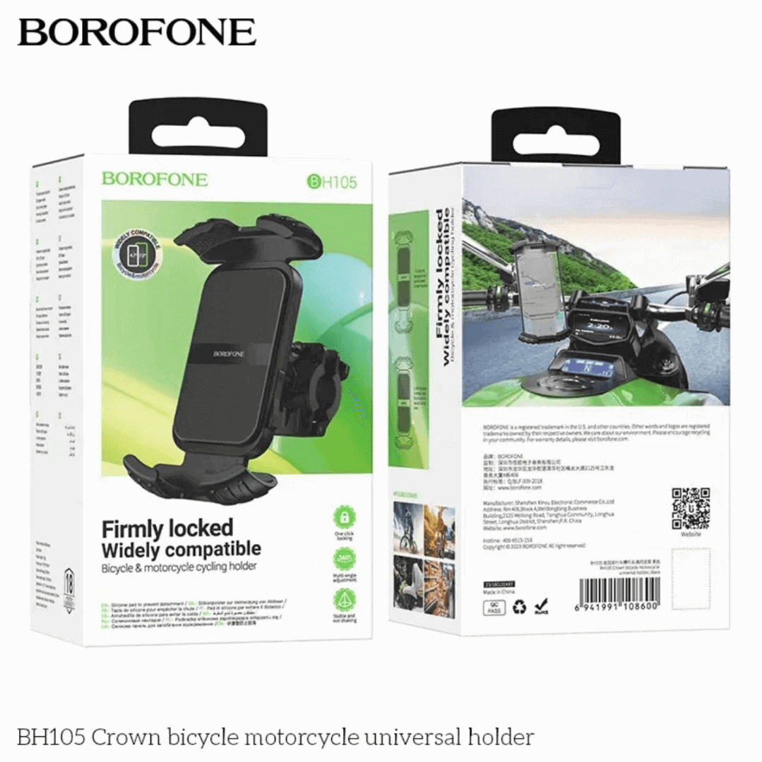 Borofone BH105 Bicycle & Motorcycle Motorbike Cycling Bike Scooter 360° Rotating Universal Mobile Phone Holder Mount Bracke Solid Grip Firmly Lockedt