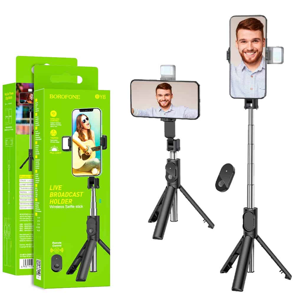 Borofone BY8 Wireless Remote Control Selfie Stick Tripod With Light Desktop Stand Portable Stretchable Mobile Phone Holder For All iPhone & Android