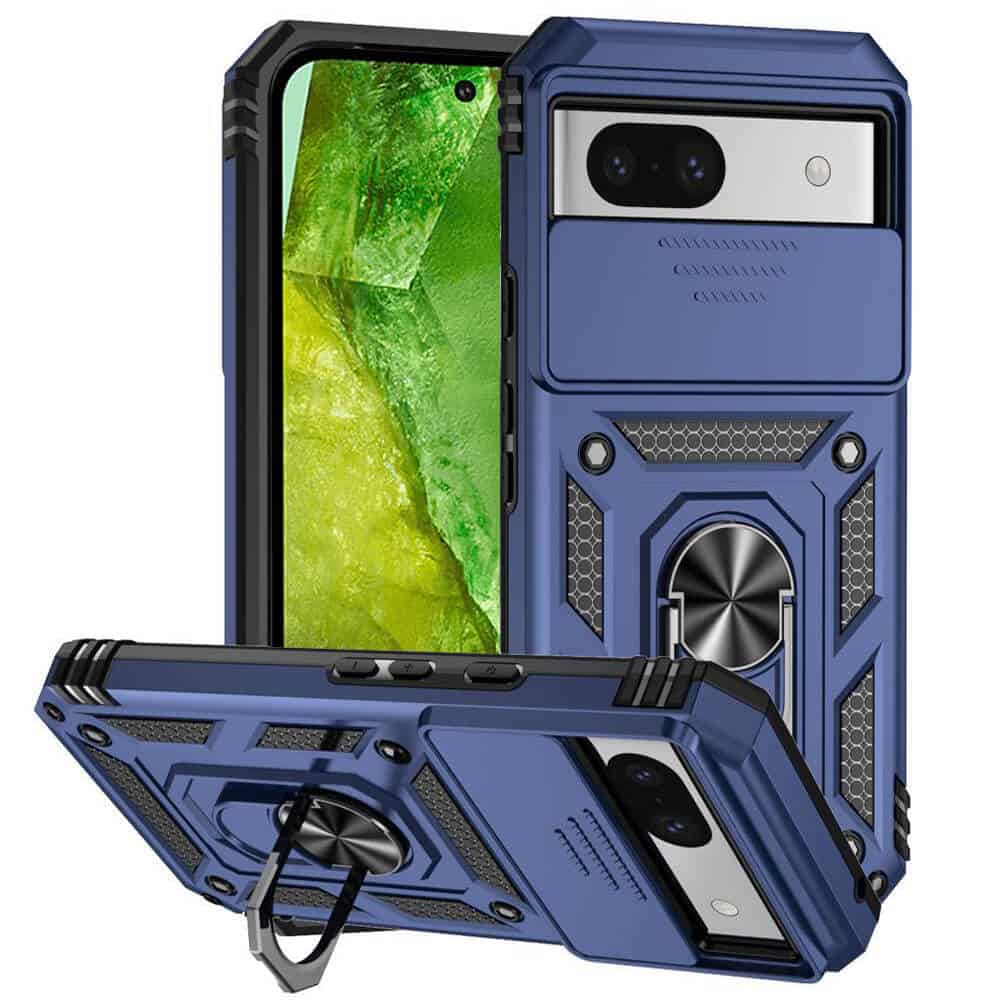 For Google Pixel 8, 8A, 8 Pro Slide Camera Cover & Kickstand, Built-in 360° Rotate Ring Stand Magnetic Ring Shockproof Heavy Duty Case