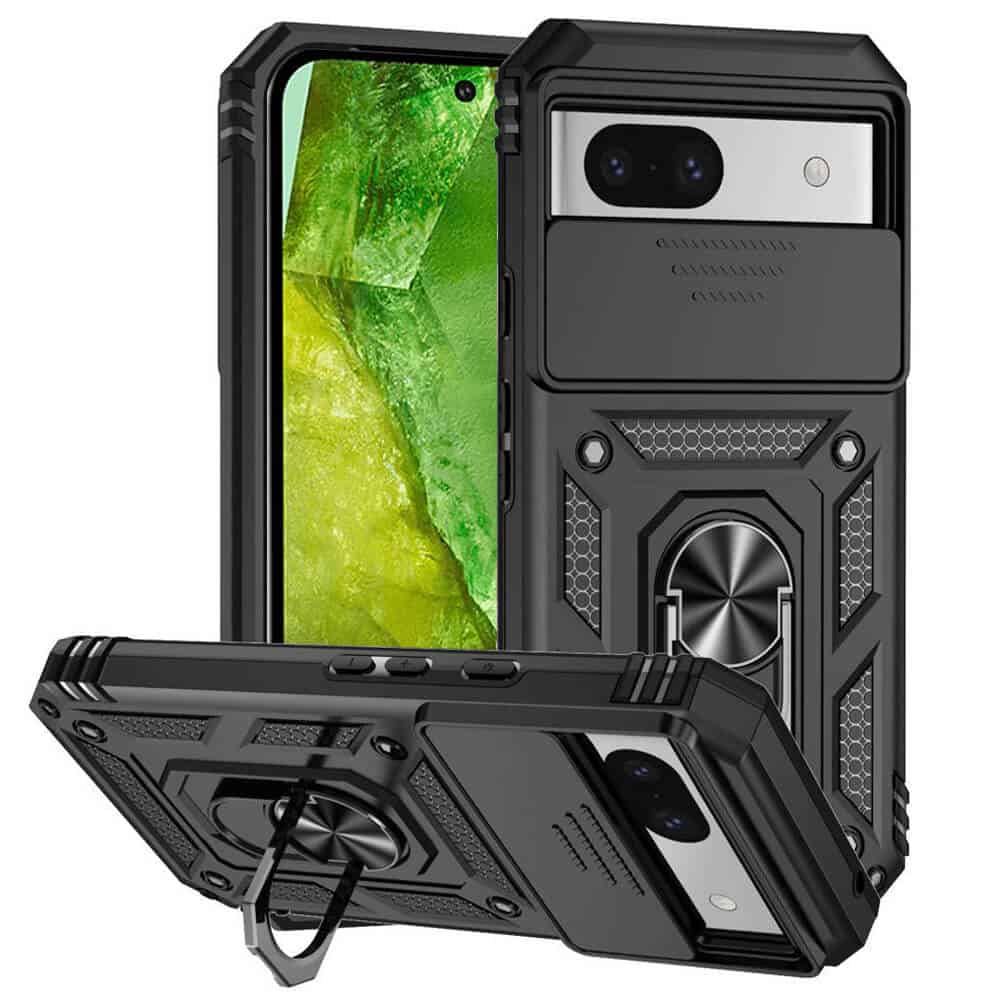 For Google Pixel 8, 8A, 8 Pro Slide Camera Cover & Kickstand, Built-in 360° Rotate Ring Stand Magnetic Ring Shockproof Heavy Duty Case