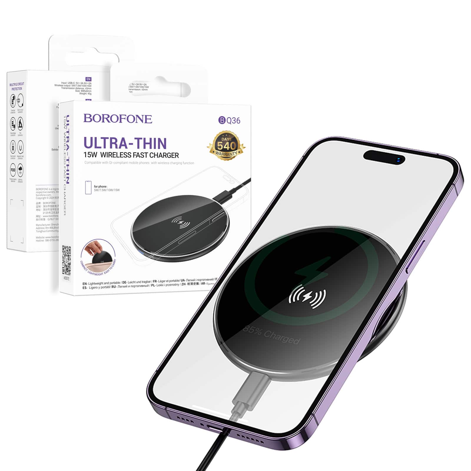 Borofone BQ36 15W Ultra Thin Fast Charger Desktop Wireless Charging Pad For iPhone, Samsung Galaxy, Google, Huawei (Black)
