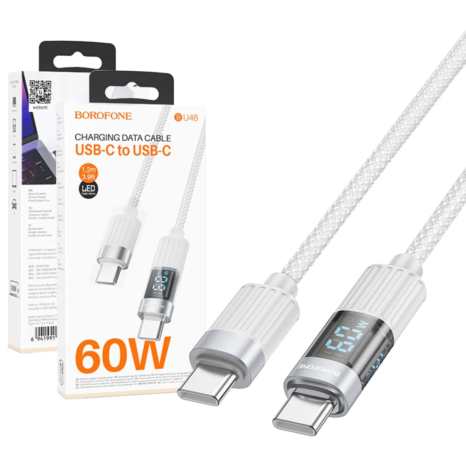 Borofone BU46 1.2m PD USB Type C to Type C Fast Charging Data Sync Cable Cord With Digital Display (Grey)