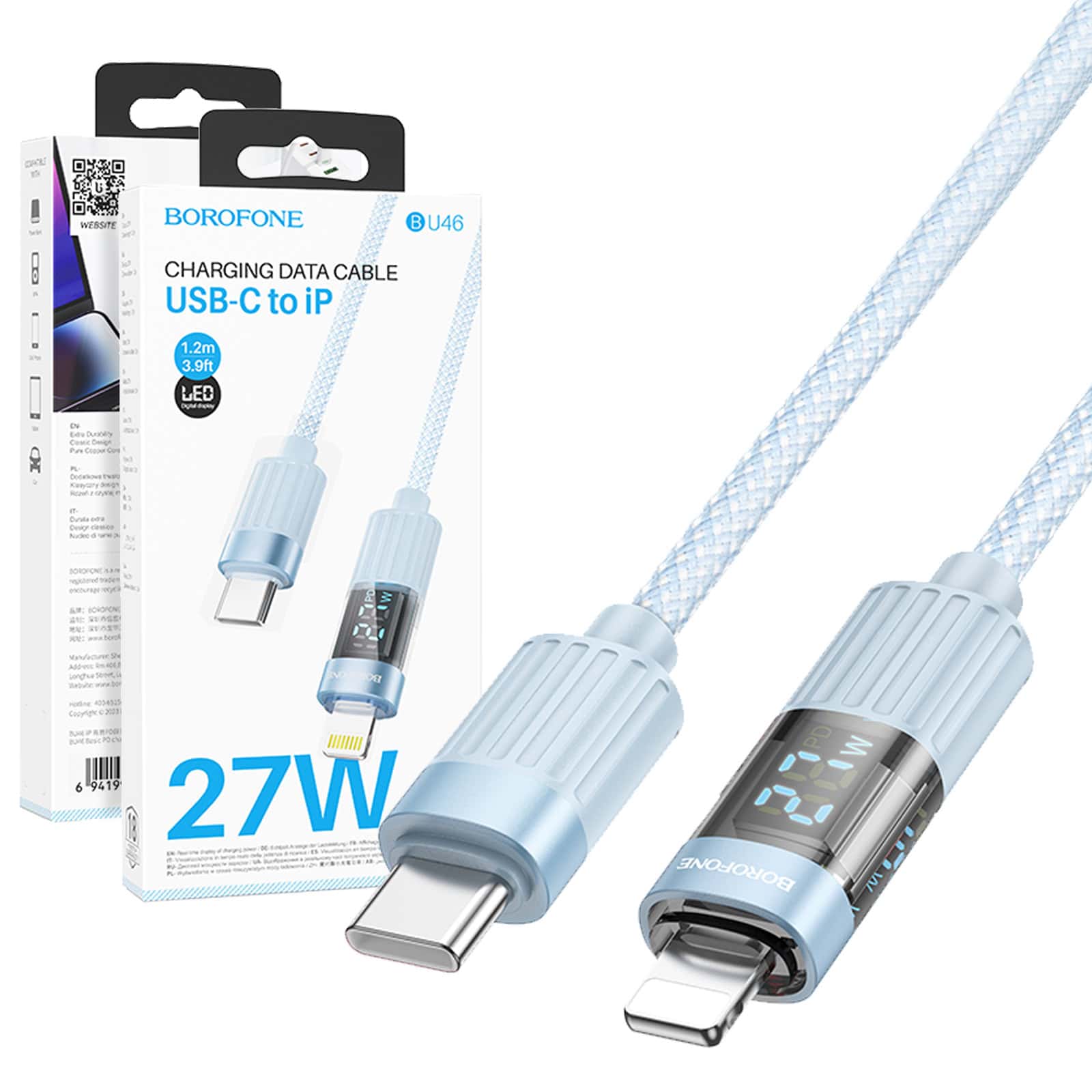 Borofone BU46 1.2m 27W PD USB Type C to Lightning Data Sync Cable Cord With Digital Display (Blue)