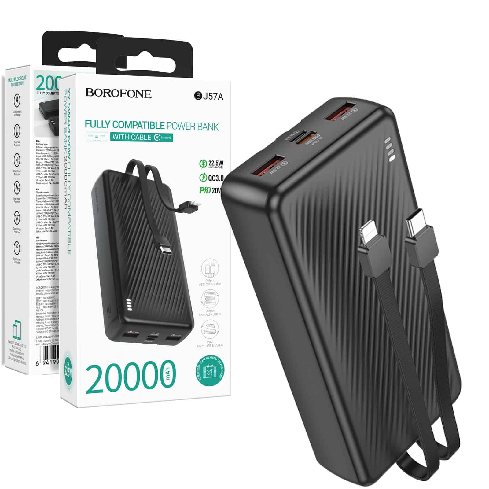 Borofone BJ57A 20000mAh 22.5W+ PD20W Fast Charging Charger Power Bank with Type C & Lightning Cable Cord (Black)