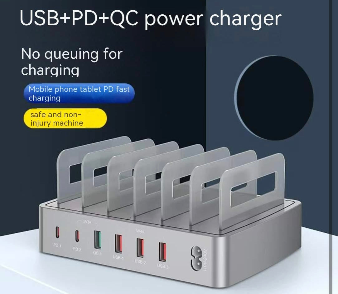 72W 6-Port USB-C PD3.0 & QC3.0 Fast Charging Dock Station with Phone & Tablet Holder – Multi-Device Desktop Charger for iPhone, iPad, Samsung & Android
