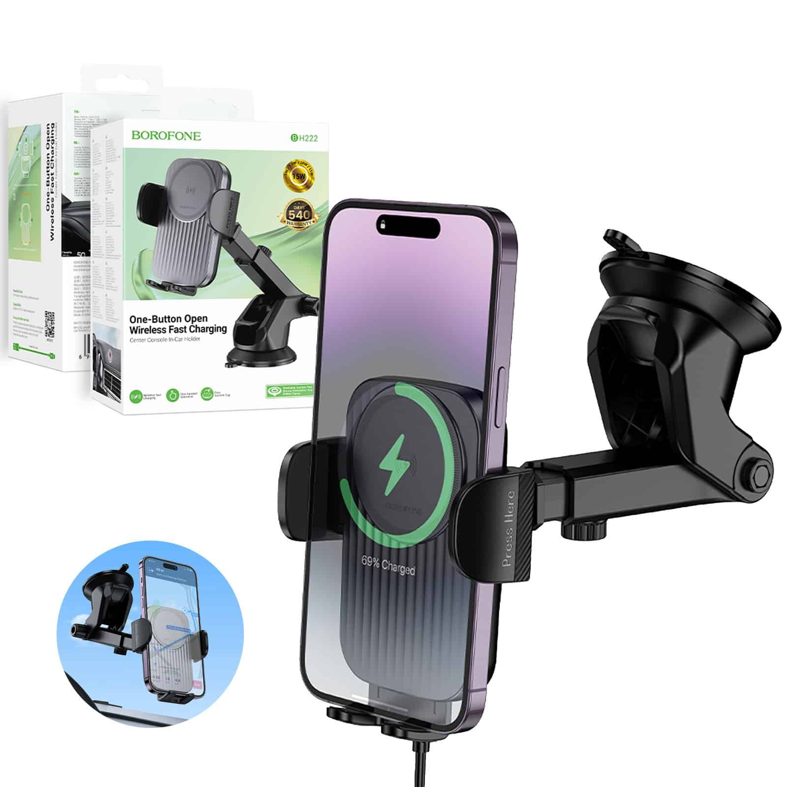 Borofone BH222 15W Wireless Fast Charging Charger Windshield Car Mount Mobile Phone Holder (Black)