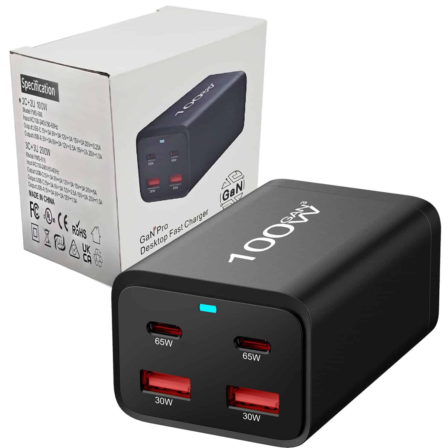 100W GaN Charger 4-Port 2 65W PD USB Type C & 2 30W USB-A QC3.0 Fast Charger Multi Ports Charging Station Charger Dock Power Adapter for MacBook, iPhone, Samsung, Laptop, iPad, Desktop Hub