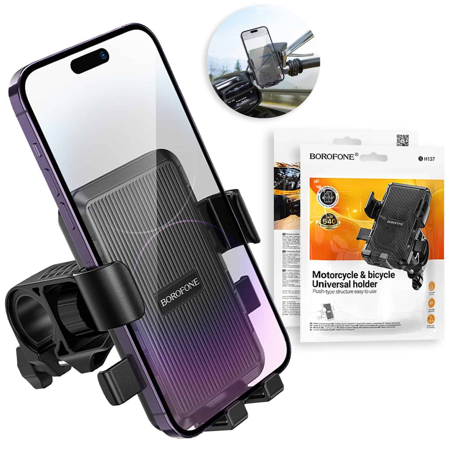 Borofone BH137 Knight Universal Motorcycle, Bicycle & Baby Strollers Mount Mobile Phone Holder (Black)