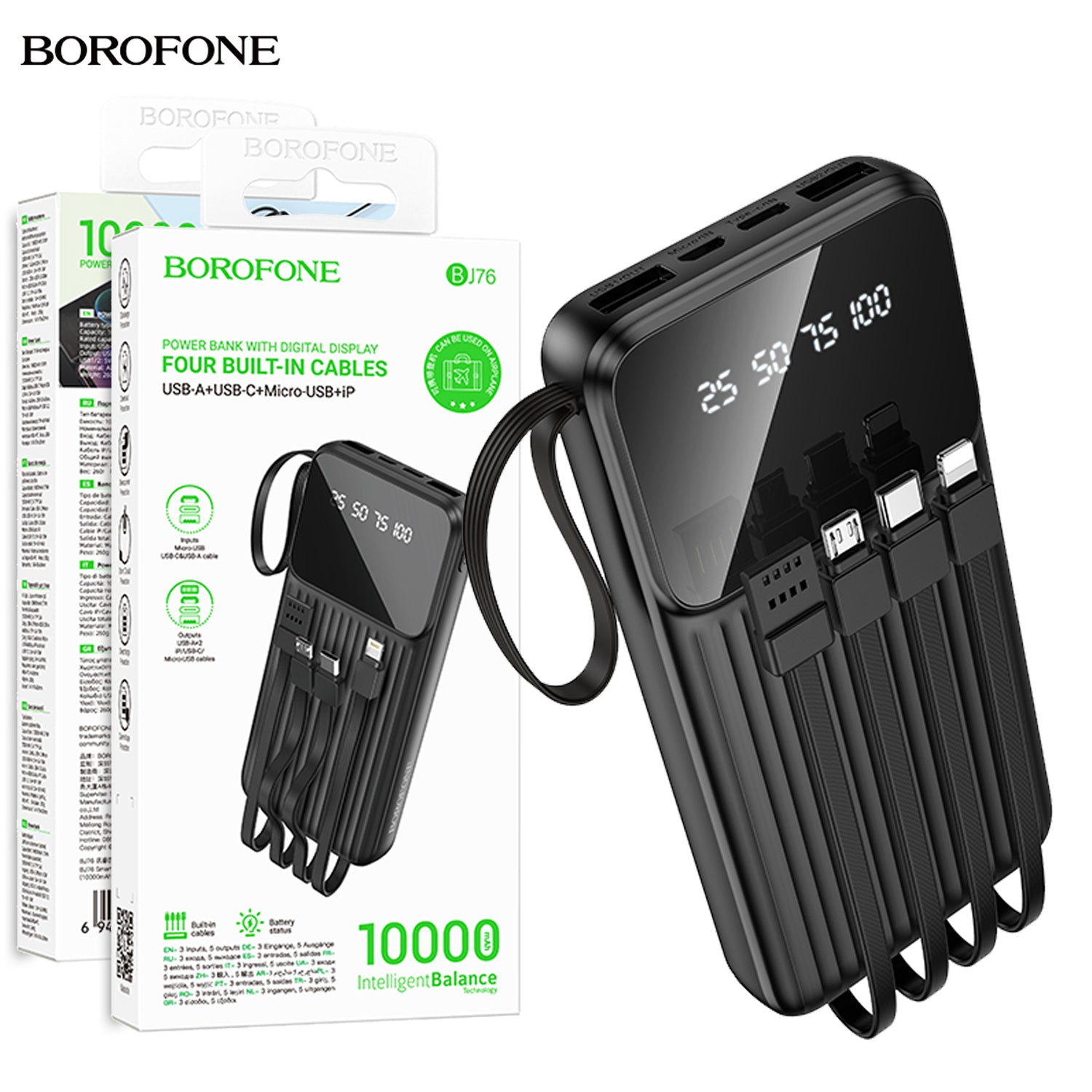 Borofone BJ76 10000mAh 37wh Smart Display Power Bank with 4 Cables (Type C, Lightning, Micro USB & USB1)