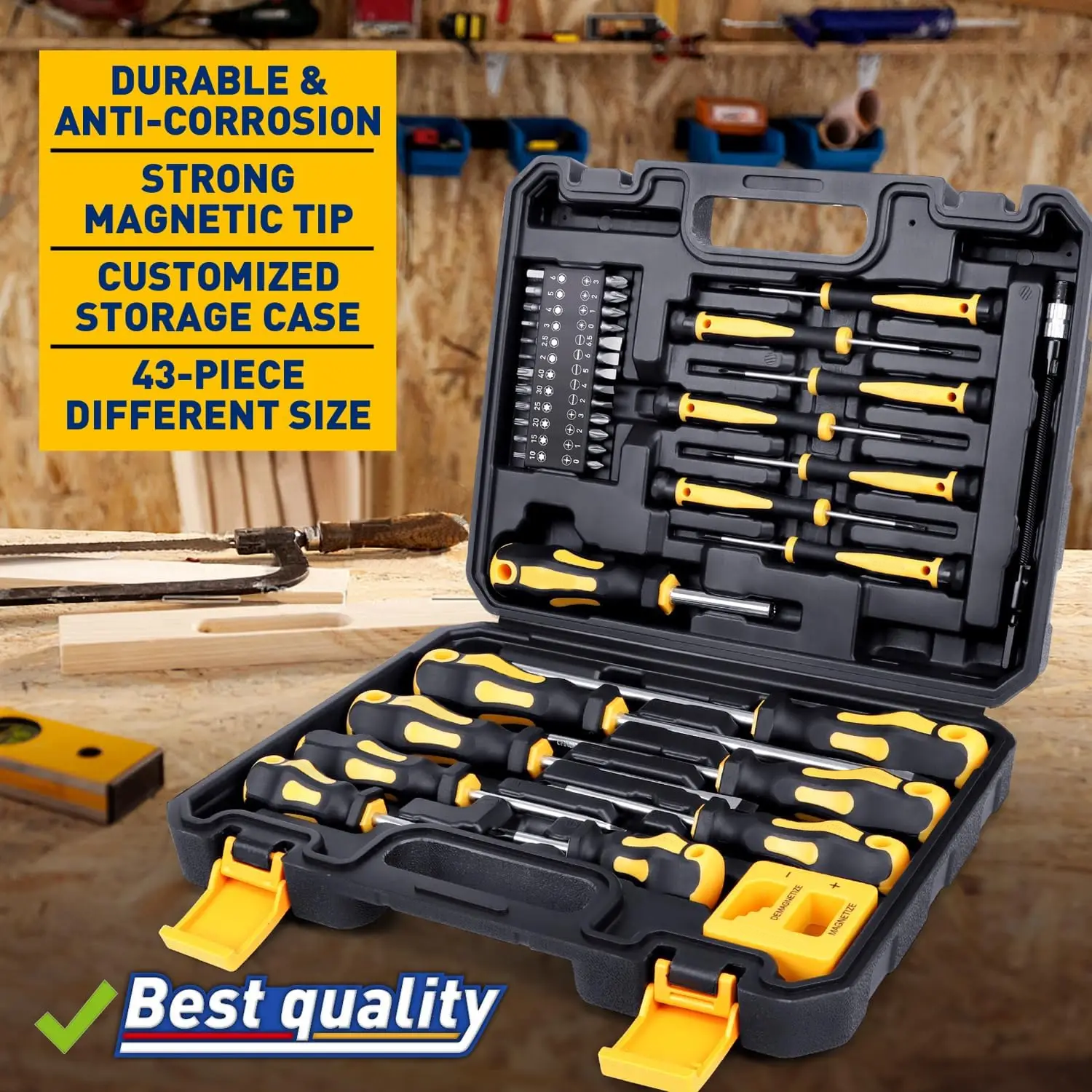 43 Pieces Magnetic Screwdrivers Set with Storage Box, Includes Slotted, Phillips, Hex, Posidrive, Trox, Magnetizer Demagnetizer Tools Set Household Home Repair Kit