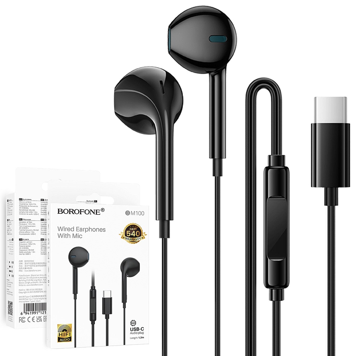 BOROFONE BM100 USB Type C Wire Controlled Digital Earphones Headphone With Microphone Supports Calls Audio Plug Wired Headset (Black)