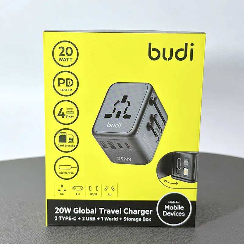 Budi AC358B20 20W UK, EU, US/JP, and AU All-in-One PD20W Fast Charger World Travel Adapter With USB A & USB Type C Power Adapter