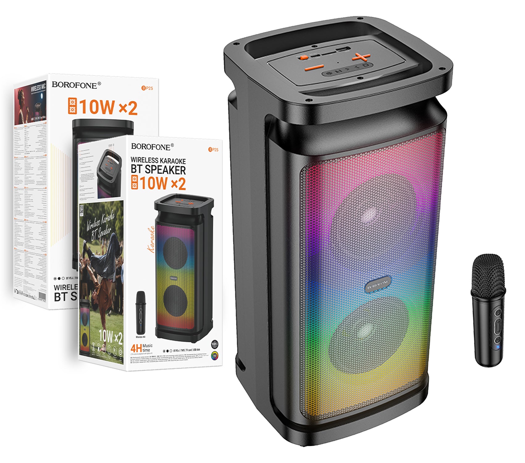 Borofone BP25 Vida 4.0 inch Bluetooth Speaker with Wireless Microphone Powerful 10W sound, RGB Lights, and Karaoke Mic for Parties and Outdoor Music