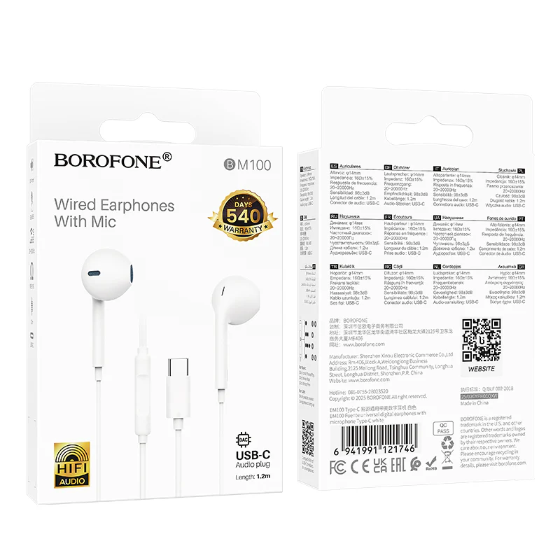 BOROFONE BM100 USB Type C Wire Controlled Digital Earphones Headphone With Microphone Supports Calls Audio Plug Wired Headset