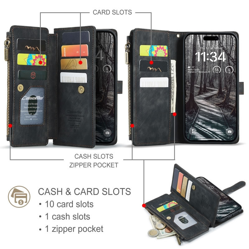 CaseMe C30 For Apple iPhone 18 17 Pro Max Air Vintage Leather Folio Zipper Wallet Case with Magnetic Closure and 7 Card Slots