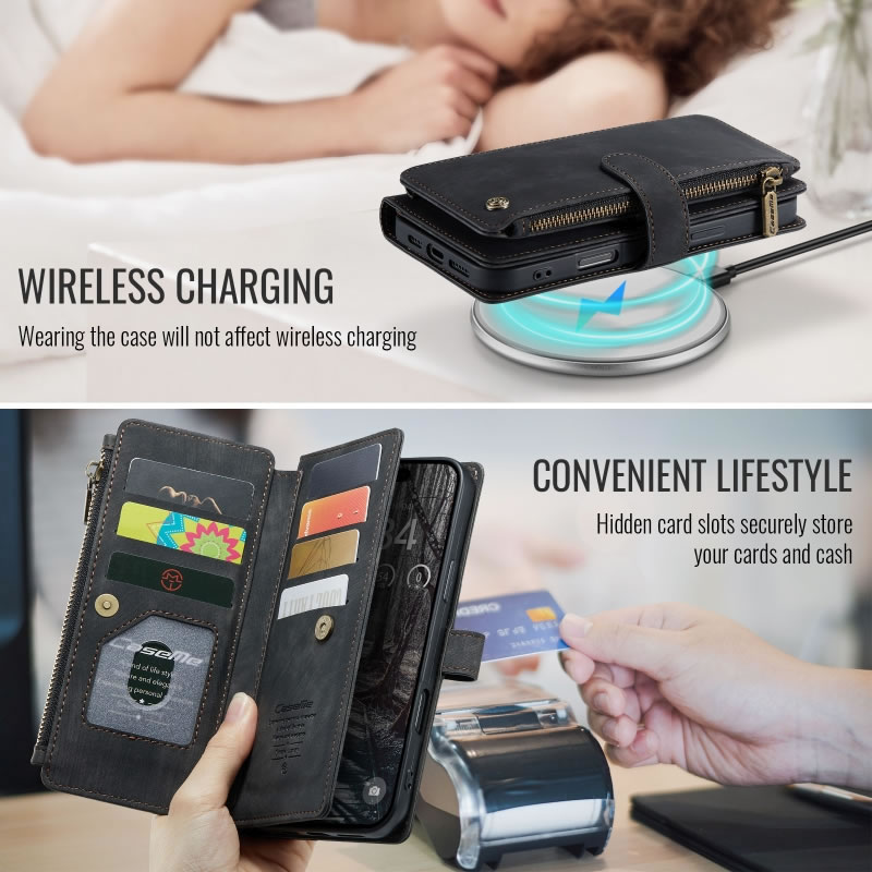 CaseMe C30 For Apple iPhone 18 17 Pro Max Air Vintage Leather Folio Zipper Wallet Case with Magnetic Closure and 7 Card Slots