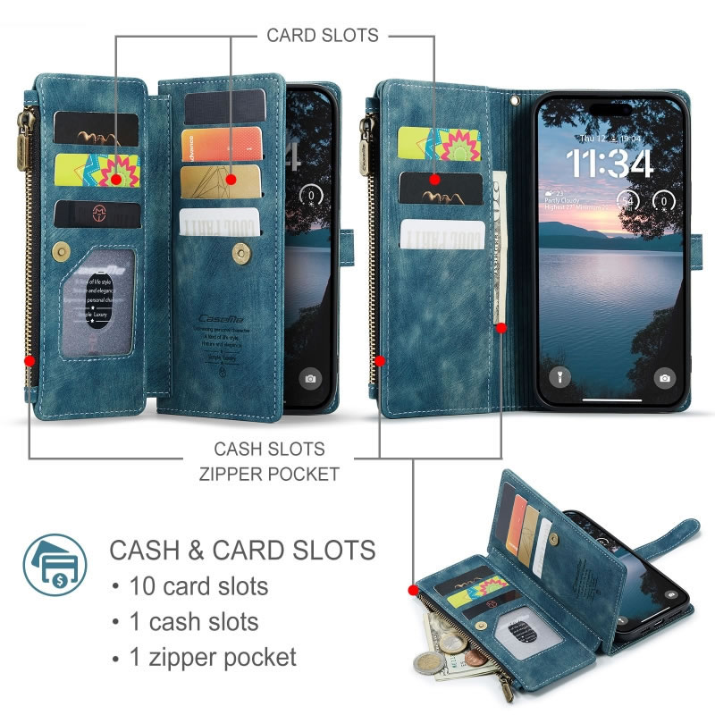CaseMe C30 For Apple iPhone 18 17 Pro Max Air Vintage Leather Folio Zipper Wallet Case with Magnetic Closure and 7 Card Slots