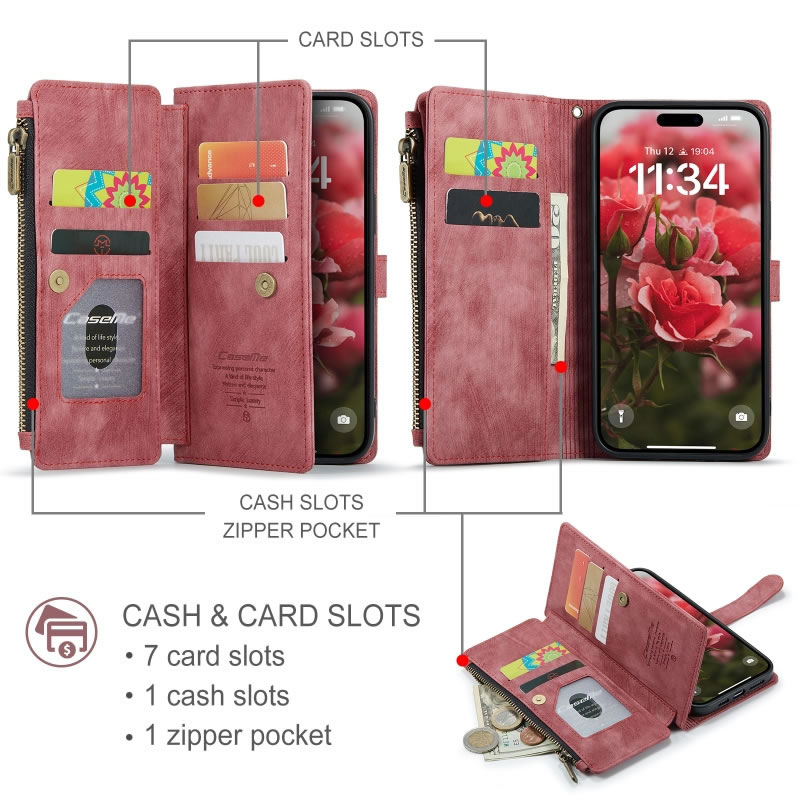 CaseMe C30 For Apple iPhone 18 17 Pro Max Air Vintage Leather Folio Zipper Wallet Case with Magnetic Closure and 7 Card Slots