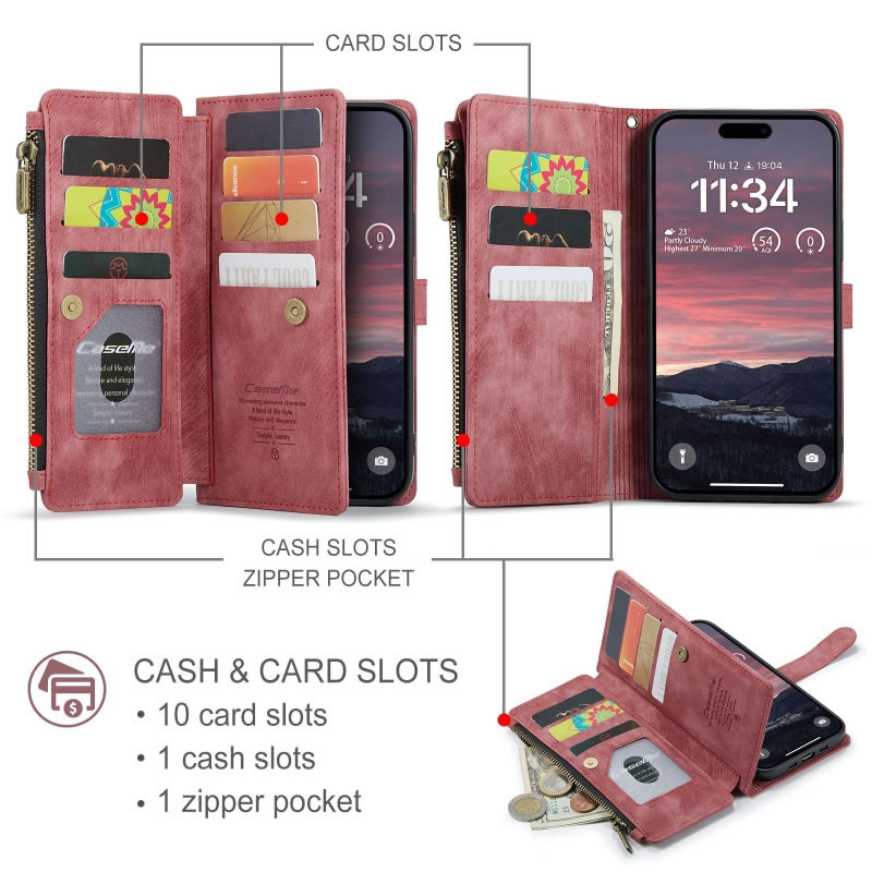 CaseMe C30 For Apple iPhone 18 17 Pro Max Air Vintage Leather Folio Zipper Wallet Case with Magnetic Closure and 7 Card Slots