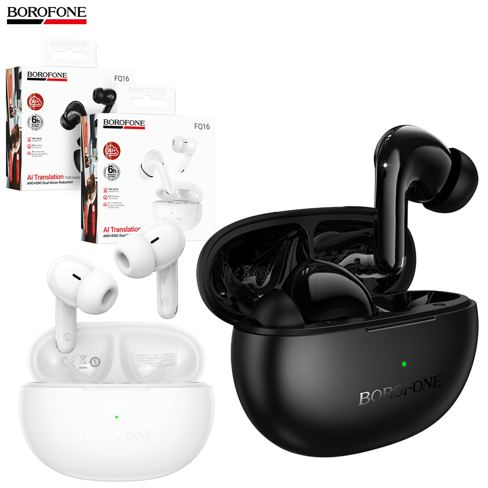 BOROFONE FQ16 AI Translation Wireless Earbuds, Real-Time 134-Language Support, ChatGPT, 6-Mic ANC, Deep Bass, App