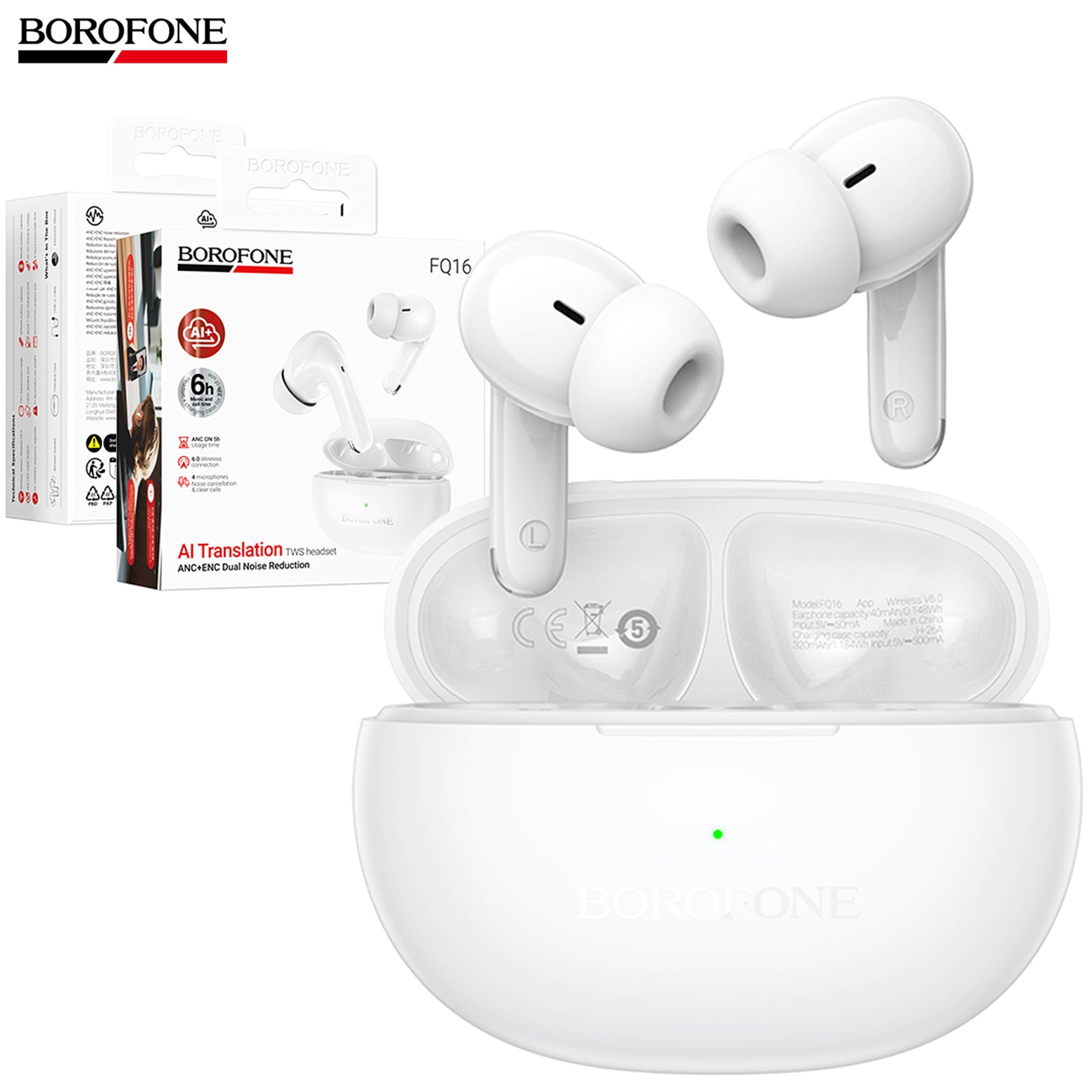 BOROFONE FQ16 AI Translation Wireless Earbuds, Real-Time 134-Language Support, ChatGPT, 6-Mic ANC, Deep Bass, App