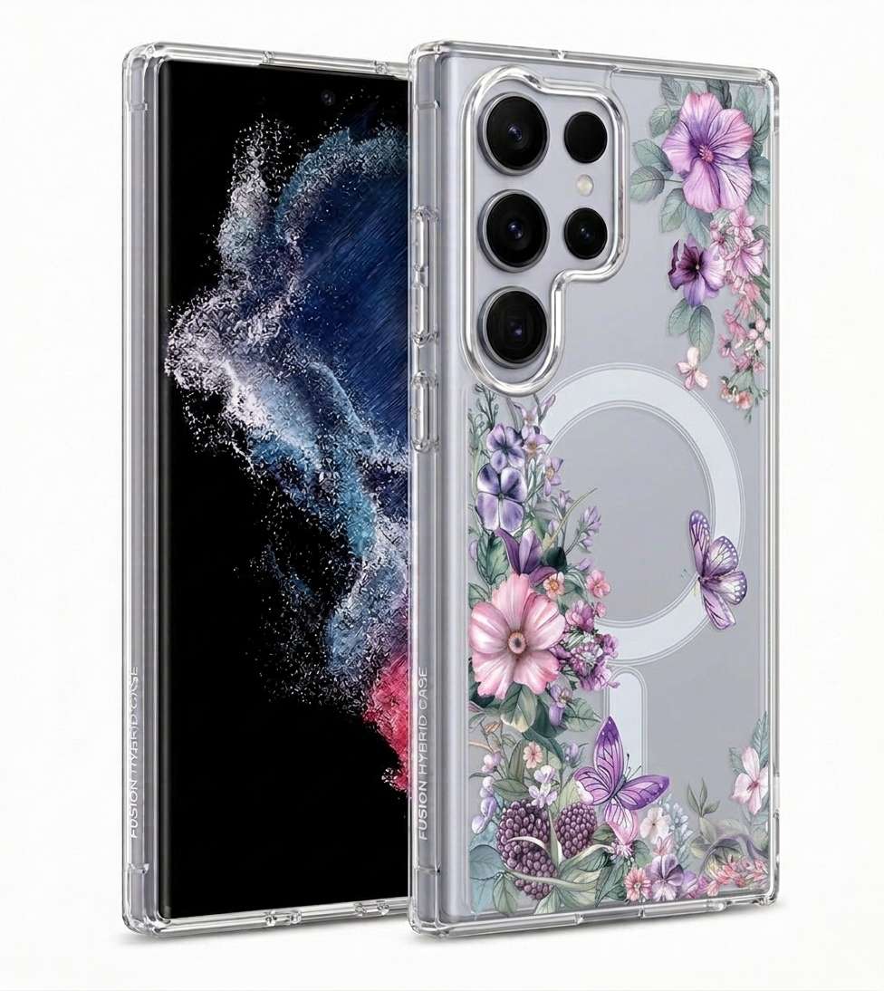Cute Floral Flower Pattern Hard Clear MagSafe Magnetic Protective Back Case Cover For Samsung Galaxy S26/S25/S24 Ultra