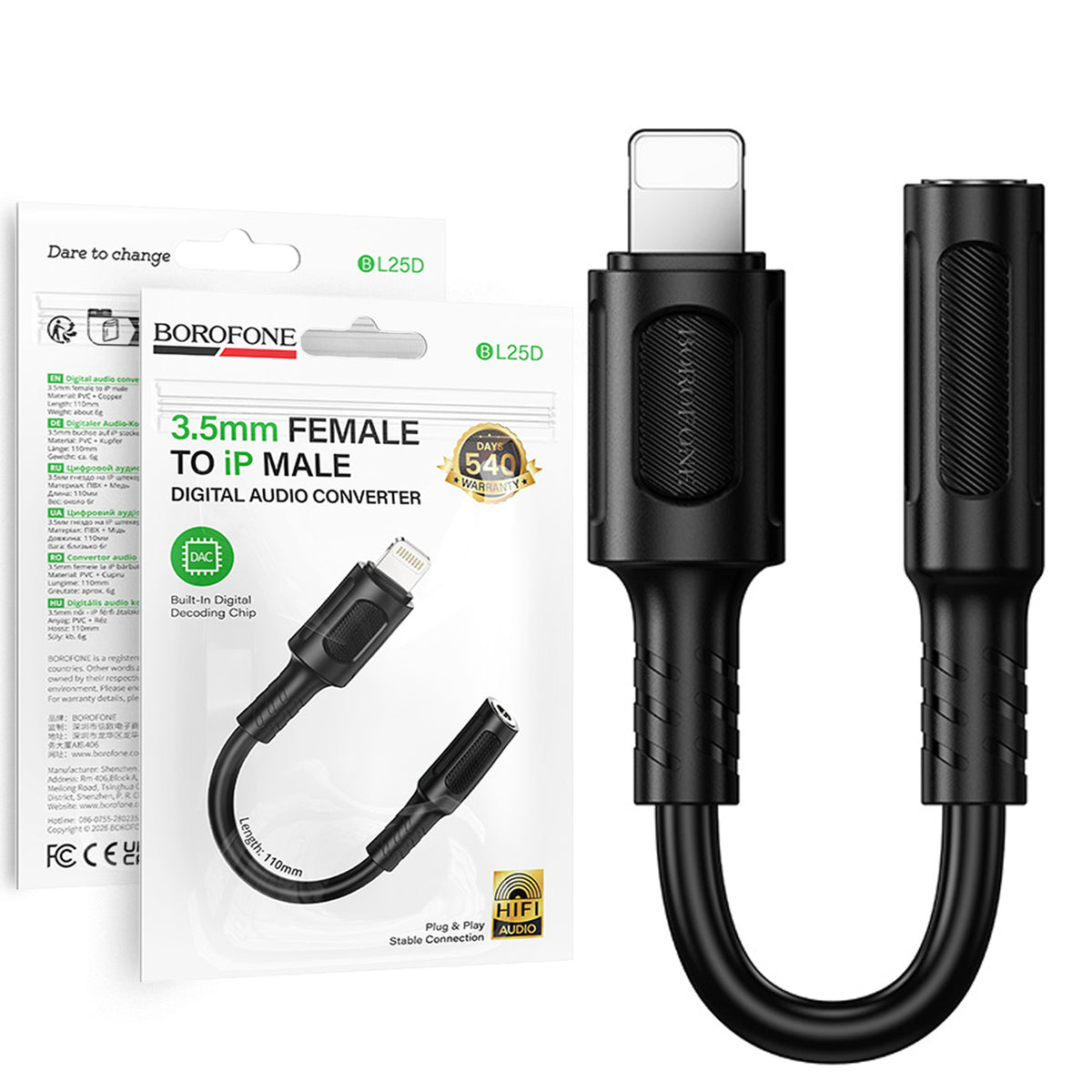 BOROFONE BL25D Lightning to 3.5mm Headphone Jack Adapter AUX Audio Converter for iPhone & iPad – Black