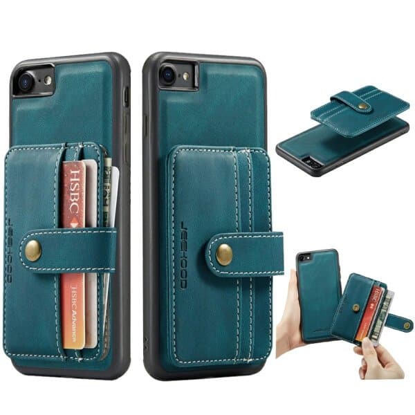 JEEHOOD For Apple iPhone SE 2020 SE 2022 7 8 Wallet Leather Case with Detachable Ultra Slim RFID Blocking Back Card Holder (Teal Blue)