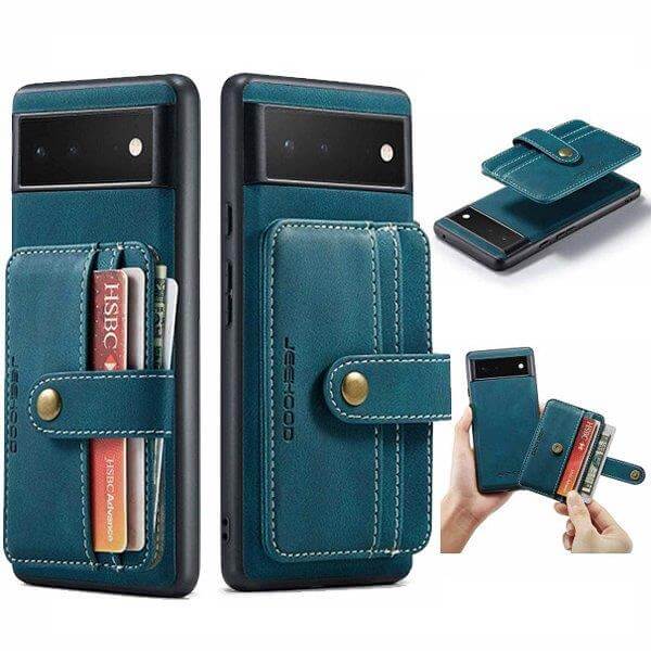 JEEHOOD For Google Pixel 6A Wallet Leather Case with Detachable Ultra Slim RFID Blocking Back Card Holder (Teal Blue)