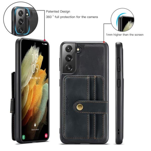 JEEHOOD For Samsung Galaxy S21 FE Wallet Leather Case with Detachable Ultra Slim RFID Blocking Back Card Holder (Black)