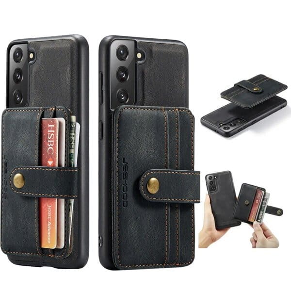 JEEHOOD For Samsung Galaxy S21 FE Wallet Leather Case with Detachable Ultra Slim RFID Blocking Back Card Holder (Black)