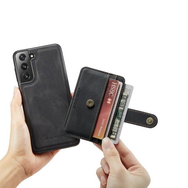 JEEHOOD For Samsung Galaxy S21 FE Wallet Leather Case with Detachable Ultra Slim RFID Blocking Back Card Holder (Black)