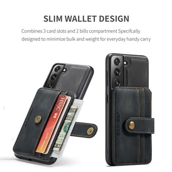 JEEHOOD For Samsung Galaxy S21 FE Wallet Leather Case with Detachable Ultra Slim RFID Blocking Back Card Holder (Black)
