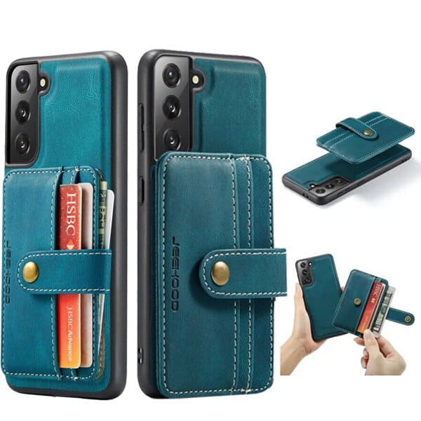 JEEHOOD For Samsung Galaxy S21 FE Wallet Leather Case with Detachable Ultra Slim RFID Blocking Back Card Holder (Teal Blue)