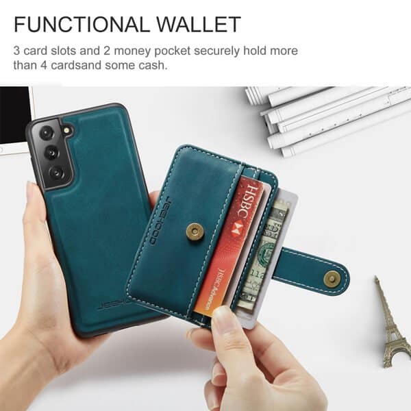 JEEHOOD For Samsung Galaxy S21 FE Wallet Leather Case with Detachable Ultra Slim RFID Blocking Back Card Holder (Teal Blue)