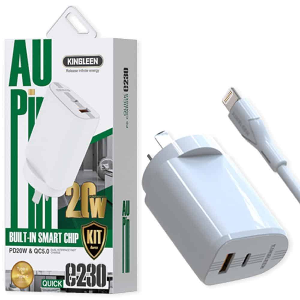 KINGLEEN (e230) SAA Certified 20W QC3.0 PD+USB Fast Charging Charger Wall Plug Adapter + PD Type C to Lightning Data Sync Cable for Apple iPhone iPad iPod