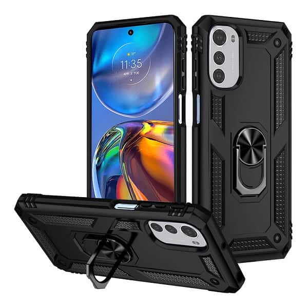 Motorola Moto E32 Anti Scratch Rugged Magnetic Car Mount Ring Shockproof Heavy Duty Cover (Black)