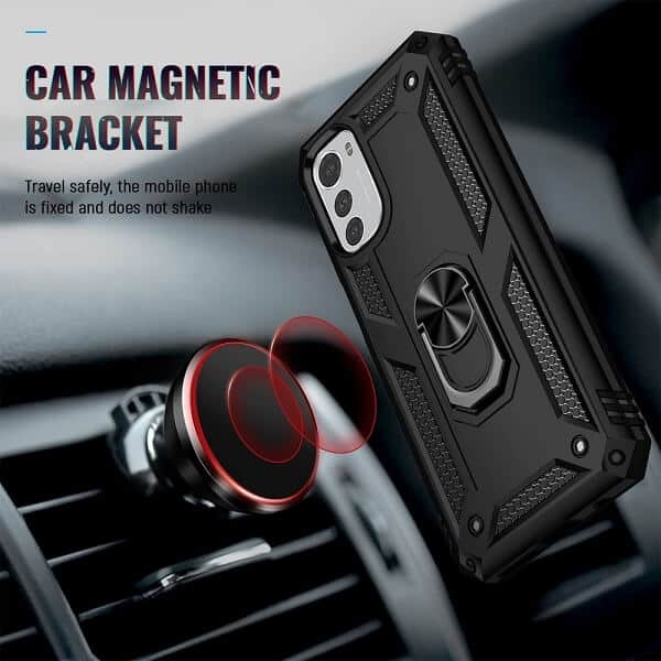 Motorola Moto E32 Anti Scratch Rugged Magnetic Car Mount Ring Shockproof Heavy Duty Cover (Black)