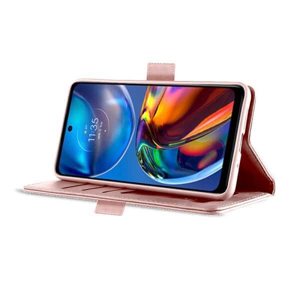 Motorola Moto E32 SupRShield Wallet Leather Card Holder Flip Protective Shockproof Magnetic Case Cover (Rose Gold)