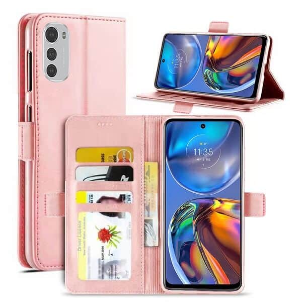 Motorola Moto E32 SupRShield Wallet Leather Card Holder Flip Protective Shockproof Magnetic Case Cover (Rose Gold)