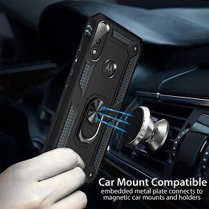 Motorola Moto E7 Power Anti Scratch Rugged Magnetic Car Mount Ring Shockproof Heavy Duty Cover (Black)