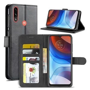 Motorola Moto E7 Power Wallet Case Flip Leather Magnetic Stand Shockproof Cover (Black)