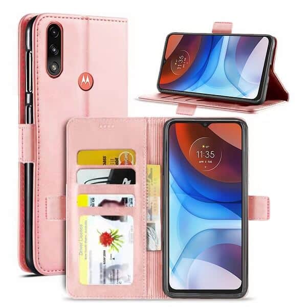 Motorola Moto E7 Power Wallet Case Flip Leather Magnetic Stand Shockproof Cover (Rose Gold)