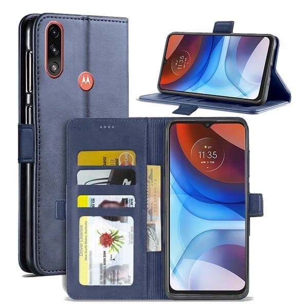 Motorola Moto E7 Power Wallet Case Flip Leather Magnetic Stand Shockproof Cover (Navy Blue)