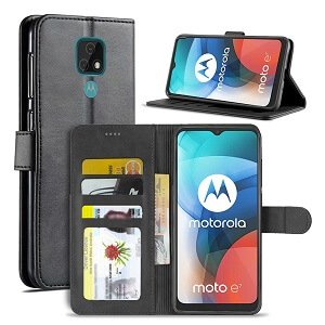 Motorola Moto E7 Wallet Case Flip Leather Magnetic Stand Shockproof Cover (Black)